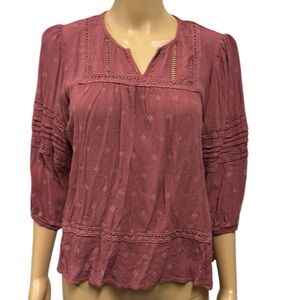Nature by Westbound Boho Crochet Accent 3 Quarter Sleeve Rayon Blouse Womens M